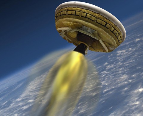 This artist's concept shows the test vehicle for NASA's Low-Density Supersonic Decelerator (LDSD), designed to test landing technologies for future Mars missions. (NASA/JPL-Caltech) This artist's concept shows the test vehicle for NASA's Low-Density Supersonic Decelerator (LDSD), designed to test landing technologies for future Mars missions. (NASA/JPL-Caltech)