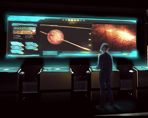 Artist's design concept for an interactive exhibit featuring NASA's Eyes on Exoplanets as part of Marvel's Avengers S.T.A.T.I.O.N. exhibit, opened in May 2014. (Victory Hill Entertainment Group)