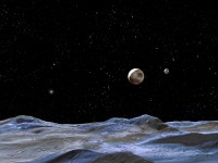 This artist concept shows Pluto and some of its moons, as viewed from the surface of one of the moons. Pluto is the large disk at center. Charon is the smaller disk to the right. (NASA, ESA and G. Bacon (STScI))