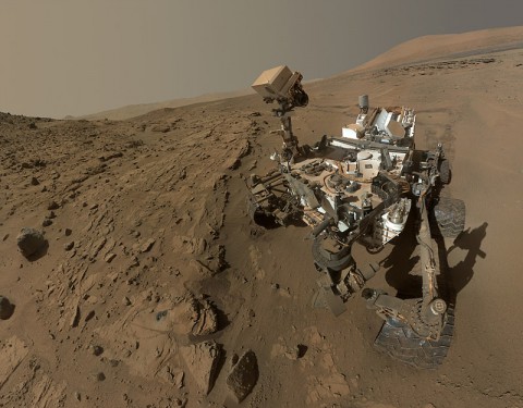 NASA's Curiosity Mars rover used the camera at the end of its arm in April and May 2014 to take dozens of component images combined into this self-portrait where the rover drilled into a sandstone target called "Windjana." (NASA/JPL-Caltech/MSSS)