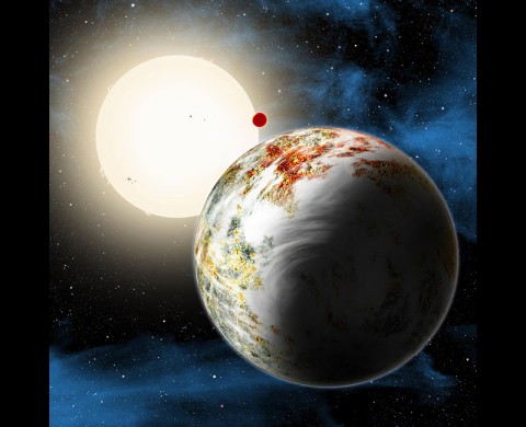 An artist's conception shows the Kepler-10 system, home to two rocky planets. In the foreground is Kepler-10c, a planet that weighs 17 times as much as Earth and is more than twice as large in size. Planet formation theorists are challenged to explain how such a massive world could have formed. (Harvard-Smithsonian Center for Astrophysics/David Aguilar)