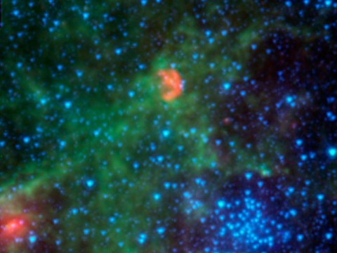 This infrared image from NASA's Spitzer Space Telescope shows N103B -- all that remains from a supernova that exploded a millennium ago in the Large Magellanic Cloud, a satellite galaxy 160,000 light-years away from our own Milky Way. (NASA/JPL-Caltech/Goddard)