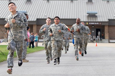 Members of the 101st Special Troops Battalion, 101st Sustainment Brigade, 101st Airborne Division (Air Assault), race around the unit's area during the 101st STB’s inaugural Warrior Challenge July 2, at Fort Campbell. (U.S. Army photo by Sgt. Leejay Lockhart)