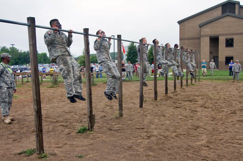 Soldiers with the 58th Signal Company, 101st Special Troops Battalion, 101st Airborne Division (Air Assault) perform pull-ups in cadence with each other during the battalion's inaugural Warrior Challenge July 2, at Fort Campbell. (U.S. Army photo by Sgt. Leejay Lockhart)