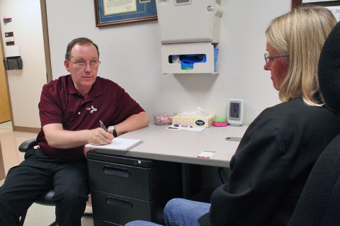 Blanchfield Army Community Hospital occupational health nurse Kay Wombacher spoke to Concurrent Technologies Corporation senior safety professional David Caswell May 30 as part of the audit performed by the MEDCOM Safety Management team. (U.S. Army - Laura Boyd)