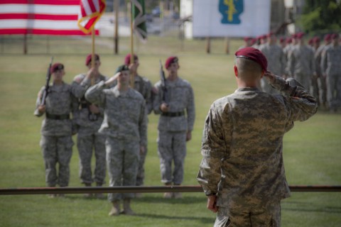 Lt. Col. Anthony J. Boniface Jr., incoming commander of the Group Support Battalion, 5th Special Forces Group (Airborne), salutes the battalion formation at the close of the GSB change of command ceremony held July 25, 2014, here at Gabriel field. (Sgt. Justin A. Moeller/U.S. Army)