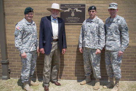 (L to R) Col. John W. Brennan, commander of the 5th Special Forces Group (Airborne), retired Maj. Drew Dix, Medal of Honor recipient and former member of the 5th SFG(A), Lt. Col. Joseph Lock, commander of 4th Battalion, 5th SFG(A) and Maj. Gen. Gary J. Volesky, commander of the 101st Airborne Division (Air Assault), stand in front of the plaque dedicating the 4th Bn. special operations complex to Dix, after a ceremony held here July 11, 2014. (Sgt. Justin A. Moeller) (L to R) Col. John W. Brennan, commander of the 5th Special Forces Group (Airborne), retired Maj. Drew Dix, Medal of Honor recipient and former member of the 5th SFG(A), Lt. Col. Joseph Lock, commander of 4th Battalion, 5th SFG(A) and Maj. Gen. Gary J. Volesky, commander of the 101st Airborne Division (Air Assault), stand in front of the plaque dedicating the 4th Bn. special operations complex to Dix, after a ceremony held here July 11, 2014. (Sgt. Justin A. Moeller)