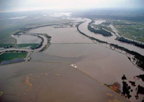 The flooded confluence of the Nishnabotna and Missouri Rivers in Iowa, June 2011. A study of the 2011 Missouri River Basin floods has shown that NASA satellite data can help predict the potential of a river basin to flood as much as 11 months in advance of flood season. (U.S. Army Corps of Engineers)