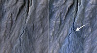 This pair of before (left) and after (right) images from the High Resolution Imaging Science Experiment (HiRISE) camera on NASA’s Mars Reconnaissance Orbiter documents formation of a new channel on a Martian slope between 2010 and 2013, likely resulting from activity of carbon-dioxide frost. (NASA/JPL-Caltech/Univ. of Arizona)