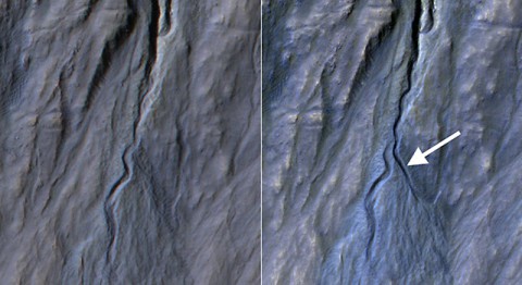 This pair of before (left) and after (right) images from the High Resolution Imaging Science Experiment (HiRISE) camera on NASA's Mars Reconnaissance Orbiter documents formation of a new channel on a Martian slope between 2010 and 2013, likely resulting from activity of carbon-dioxide frost. (NASA/JPL-Caltech/Univ. of Arizona)