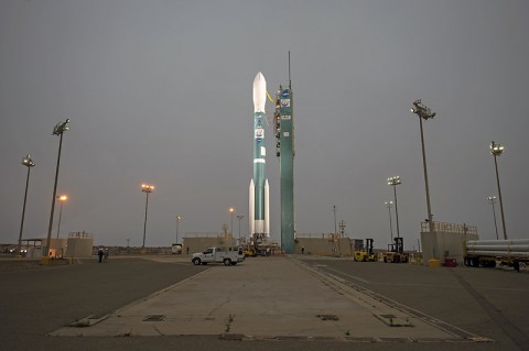 NASA's Orbiting Carbon Observatory-2 gets ready for launch at Vandenberg Air Force Base in central California. The spacecraft is perched atop a United Launch Alliance Delta II rocket, which will boost it to an orbit around Earth. (NASA/Bill Ingalls)