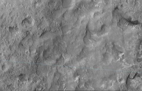 This June 27, 2014, image from the HiRISE camera on NASA's Mars Reconnaissance Orbiter shows NASA's Curiosity Mars rover on the rover's landing-ellipse boundary, which is superimposed on the image. The 12-mile-wide ellipse was mapped as safe terrain for its 2012 landing inside Gale Crater. (NASA/JPL-Caltech/Univ. of Arizona) This June 27, 2014, image from the HiRISE camera on NASA's Mars Reconnaissance Orbiter shows NASA's Curiosity Mars rover on the rover's landing-ellipse boundary, which is superimposed on the image. The 12-mile-wide ellipse was mapped as safe terrain for its 2012 landing inside Gale Crater. (NASA/JPL-Caltech/Univ. of Arizona)