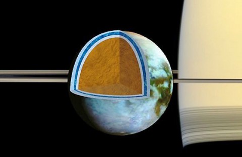 Researchers found that Titan's ice shell, which overlies a very salty ocean, varies in thickness around the moon, suggesting the crust is in the process of becoming rigid. (NASA/JPL/SSI/Univ. of Arizona/G. Mitri/University of Nantes) Researchers found that Titan's ice shell, which overlies a very salty ocean, varies in thickness around the moon, suggesting the crust is in the process of becoming rigid. (NASA/JPL/SSI/Univ. of Arizona/G. Mitri/University of Nantes)