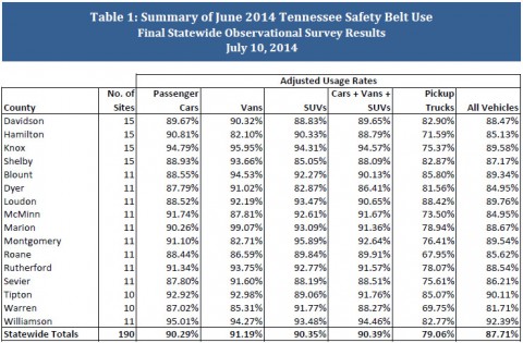 Tennessee Safety Belt 2014 Survey Results