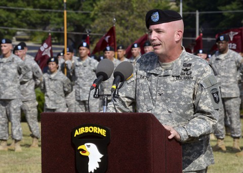 Colonel Frank W. Tate, the new deputy commanding general for support for the 101st Airborne Division (Air Assault) and Fort Campbell, addresses the audience during a ceremony officially welcoming him to the 101st. Tate and his wife, Beverly, felt they were welcomed with open arms by the Screaming Eagle team and Fort Campbell community, he said. (U.S. Army Photo by Sam Shore)