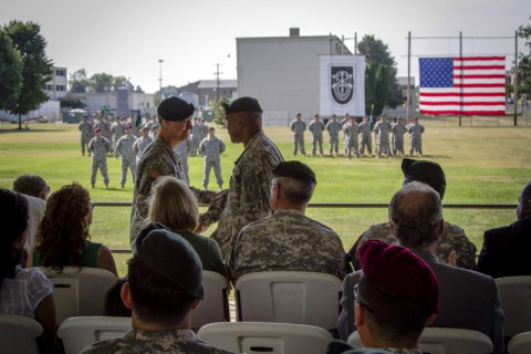 Lt. Col. John R. Dyke III, the outgoing commander of 2nd Battalion, 5th Special Forces Group (Airborne),shakes the hand of Lt. Col. Solomon Wood, the incoming commander of 2nd Bn., 5th SFG (A), July 31, 2014, during the 2nd Bn. Change of Command ceremony. (Sgt. Justin A. Moeller/U.S. Army)