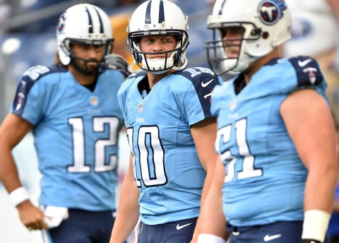 Tennessee Titans quarterback Jake Locker (10) warms up before a game against the Green Bay Packers at LP Field. (Don McPeak-USA TODAY Sports)