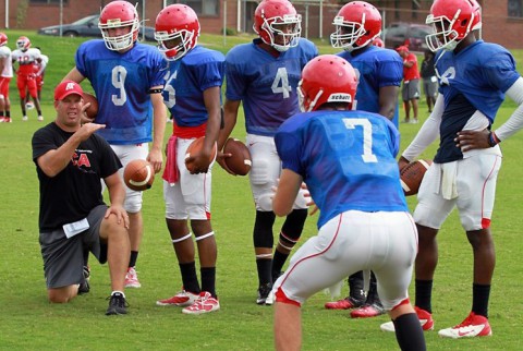 Austin Peay Offensive coordinator Josh Richards works with his quarterbacks, Tuesday. (APSU Sports Information)