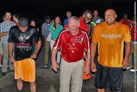 Austin Peay State University head men's basketball coach Dave Loos, center, and assistants Corey Gipson, left, and Bubba Wells took part in the ALS Ice Bucket Challenge, Saturday night, at the Basketball Bash. (APSU Sports Information)