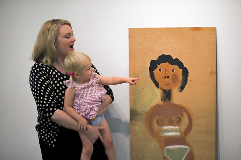 Karen Parr-Moody and her daughter, Stella, donate Jimmy Lee Sudduth’s “Bikini Girl” to Austin Peay State University. (Taylor Slifko/APSU)