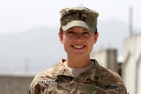 U.S. Army 1st Lt. Brigid Calhoun, an all-source intelligence analyst with Company B, 2nd Brigade Special Troops Battalion, 2nd Brigade Combat Team, 101st Airborne Division, prepares for a flight at Forward Operating Base Gamberi Aug. 18, 2014, Laghman province, Afghanistan. “I plan to serve as long as I am having fun and loving what I am doing,” said Calhoun. (Sgt. David Cox, 2nd Brigade Combat Team Public Affairs)