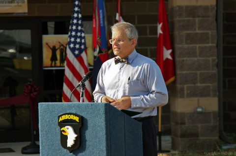 Child and Family Behavioral Health System Director Dr. Quentin Humberd spoke to guests attending the CAFBHS Ribbon Cutting Aug. 27. The newly opened CAFBHS building is approximately 5,000 square feet and will house School Behavioral Health, Child and Adolescent Psychiatry and Developmental Behavioral Pediatrics. (Fred Holly)