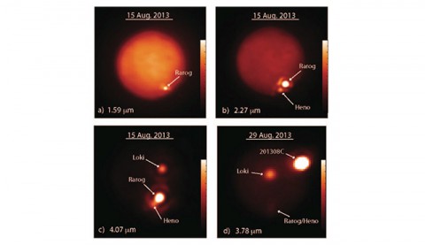 These images show Jupiter's moon Io obtained at different infrared wavelengths (in microns, ?m, or millionths of a meter) with the W. M. Keck Observatory's 10-meter Keck II telescope on Aug. 15, 2013 (a-c), and the Gemini North telescope on Aug. 29, 2013 (d). (Imke de Pater and Katherine de Kleer/UC Berkeley/Gemini/Keck) These images show Jupiter's moon Io obtained at different infrared wavelengths (in microns, ?m, or millionths of a meter) with the W. M. Keck Observatory's 10-meter Keck II telescope on Aug. 15, 2013 (a-c), and the Gemini North telescope on Aug. 29, 2013 (d). (Imke de Pater and Katherine de Kleer/UC Berkeley/Gemini/Keck)