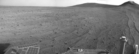 NASA's Mars rover Opportunity captured this view southward just after completing a 338-foot (103-meter) southward drive, in reverse, on Aug. 10, 2014. (NASA/JPL-Caltech) NASA's Mars rover Opportunity captured this view southward just after completing a 338-foot (103-meter) southward drive, in reverse, on Aug. 10, 2014. (NASA/JPL-Caltech)