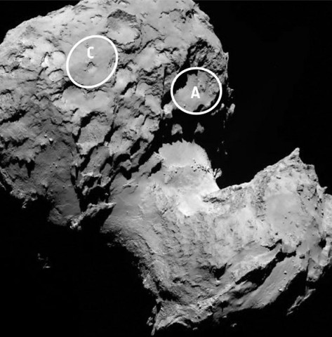 This annotated image depicts two of the five potential landing sites for Rosetta's Philae lander, including one ("C") not shown in the image above. (ESA/Rosetta/MPS for OSIRIS Team MPS/UPD/LAM/IAA/SSO/INTA/UPM)