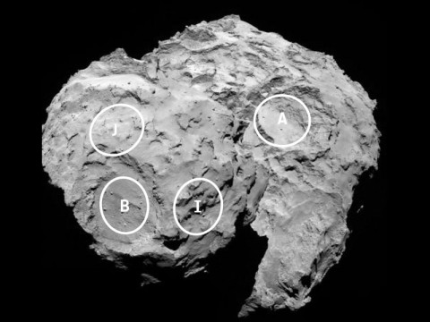 This annotated image depicts four of the five potential landing sites for Rosetta's Philae lander. (ESA/Rosetta/MPS for OSIRIS Team MPS/UPD/LAM/IAA/SSO/INTA/UPM)