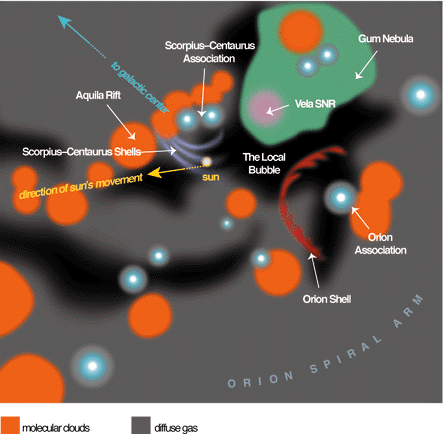 A diagram of the local Galactic neighborhood including the Sun and the Local Bubble. A diagram of the local Galactic neighborhood including the Sun and the Local Bubble.