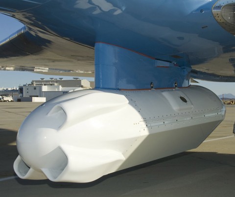 A close-up view of the pod housing JPL's sophisticated synthetic aperture radar system carried by NASA's C-20A Earth science research aircraft. (NASA)