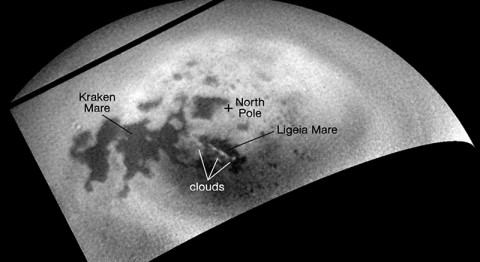 As NASA's Cassini spacecraft sped away from Titan following a relatively close flyby, its cameras monitored the moon's northern polar region, capturing signs of renewed cloud activity. As NASA's Cassini spacecraft sped away from Titan following a relatively close flyby, its cameras monitored the moon's northern polar region, capturing signs of renewed cloud activity.