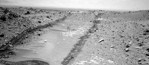 In this image from NASA's Curiosity Mars rover looking up the ramp at the northeastern end of "Hidden Valley," a pale outcrop including drilling target "Bonanza King" is at the center of the scene. (NASA/JPL-Caltech)