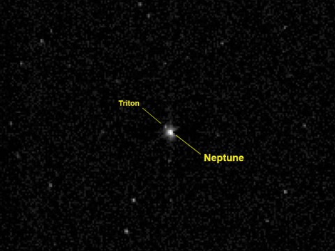 NASA's Pluto-bound New Horizons spacecraft captured this view of the giant planet Neptune and its large moon Triton on July 10, 2014, from a distance of about 2.45 billion miles (3.96 billion kilometers) - more than 26 times the distance between the Earth and sun. The 967-millisecond exposure was taken with the New Horizons telescopic Long-Range Reconnaissance Imager (LORRI). (NASA/Johns Hopkins University Applied Physics Laboratory/Southwest Research Institute.)