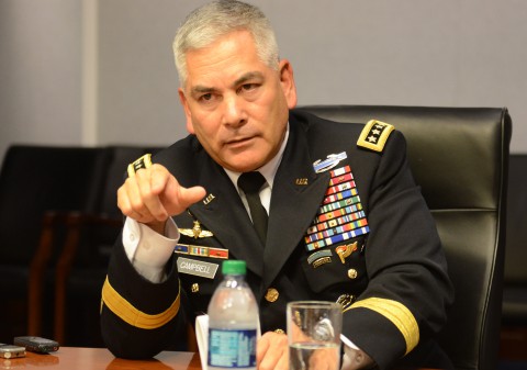 Army Vice Chief of Staff Gen. John F. Campbell makes a point during his farewell media roundtable at the Pentagon, Aug. 1, 2014. (David Vergun/U.S. Army)