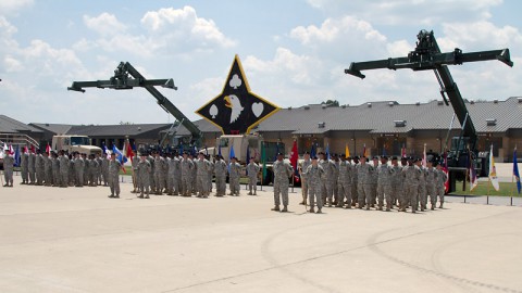 Soldiers from the 129th Combat Sustainment Support Battalion, 101st Sustainment Brigade, 101st Airborne Division (Air Assault), take part in the battalion's change of responsibility ceremony July 11, at Fort Campbell, Ky. The 129th CSSB provides the 101st Sustainment Brigade with fuel, transportation, maintenance, and movement control capabilities in support of the only Air Assault Division in the world. (U.S. Army photo by Sgt. Leejay Lockhart)