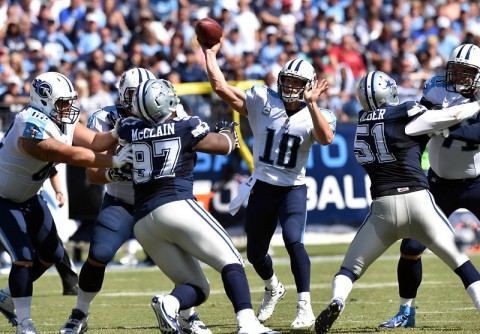 Tennessee Titans quarterback Jake Locker (10) throws against the Dallas Cowboys during the second half at LP Field. The Cowboys beat the Titans 26-10. (Don McPeak-USA TODAY Sports)