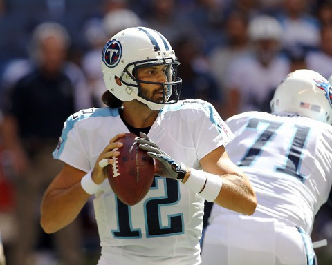 Tennessee Titans quarterback Charlie Whitehurst (12) drops back to pass during the first quarter against the Indianapolis Colts at Lucas Oil Stadium on September 28th, 2014. (Pat Lovell-USA TODAY Sports)