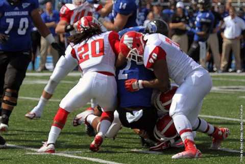 Austin Peay Football's Buddy Mitchell and Jule Pace combine for a tackle against Eastern Illinois. (APSU Sports Information)