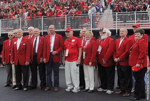 Hendricks Fox, center, was inducted into the Red Coat Society, Saturday afternoon, during the APSU-Chattanooga football game. (APSU Sports Information)