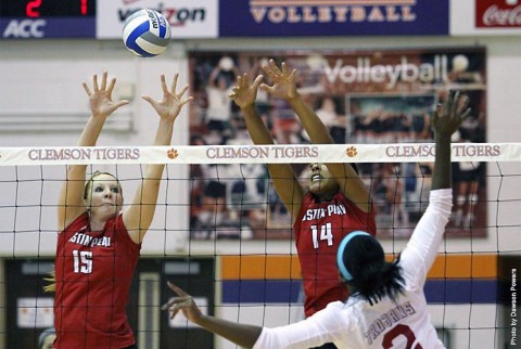 Austin Peay's Hillary Plybon (left) recorded six blocks in the Lady Govs victory at Evansville, Tuesday. (APSU Sports Information)