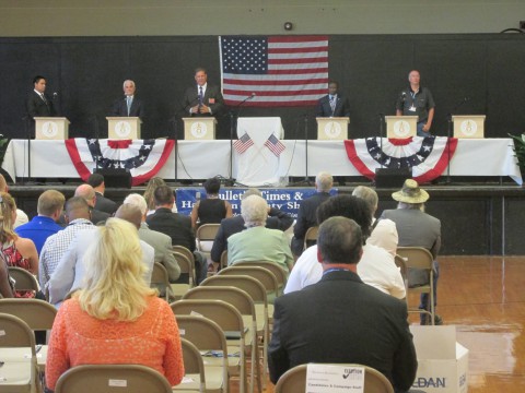 Dan Cramer speaking at a July debate in Bolivar, Tennessee; Marsha Blackburn's office sent a staffer to debate in her place. 