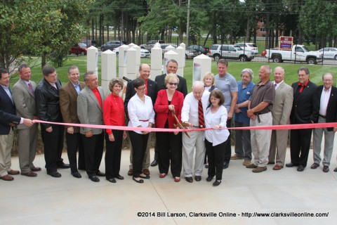 The ribbon cutting opening the new APSU Governor's Football Stadium. APSU President Alisa White and Hendricks Fox cut the ribbon