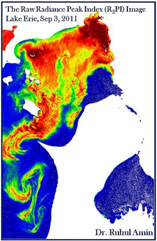 An example of how researchers can use Hyperspectral Imager for the Coastal Ocean (HICO) data to identify algal bloom characteristics, this one detailing a massive Microcystis bloom in western Lake Erie, Sept. 3, 2011. (Ruhul Amin, Ph.D.)