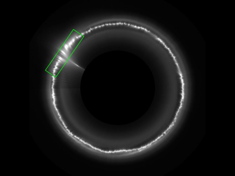 A map of Saturn's F ring from 2006 shows one of the few bright, extended clumps (indicated by a green box) seen during six years of observation by Cassini. (NASA/JPL-Caltech/SSI)