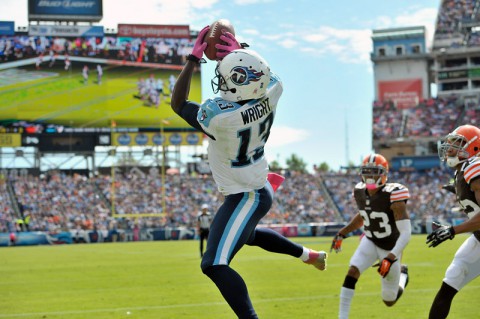 Tennessee Titans wide receiver Kendall Wright (13) catches a touchdown pass against the Cleveland Browns during the first half at LP Field on October 5th, 2014. (Jim Brown-USA TODAY Sports)