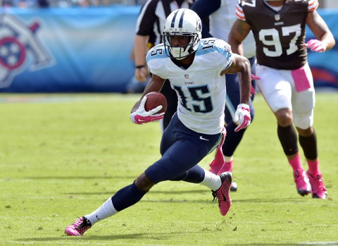 Tennessee Titans wide receiver Justin Hunter (15) carries the ball after a reception against the Cleveland Browns during the first half at LP Field. The Browns beat the Titans 29-28. (Don McPeak-USA TODAY Sports)