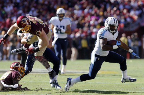 Tennessee Titans running back Bishop Sankey (20) carries the ball past Washington Redskins linebacker Trent Murphy (93) in the second quarter at FedEx Field on October 19th, 2014. (Geoff Burke-USA TODAY Sports) Tennessee Titans running back Bishop Sankey (20) carries the ball past Washington Redskins linebacker Trent Murphy (93) in the second quarter at FedEx Field on October 19th, 2014. (Geoff Burke-USA TODAY Sports)