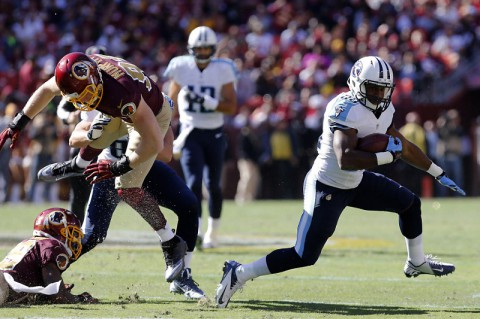 Tennessee Titans running back Bishop Sankey (20) carries the ball past Washington Redskins linebacker Trent Murphy (93) in the second quarter at FedEx Field on October 19th, 2014. (Geoff Burke-USA TODAY Sports)